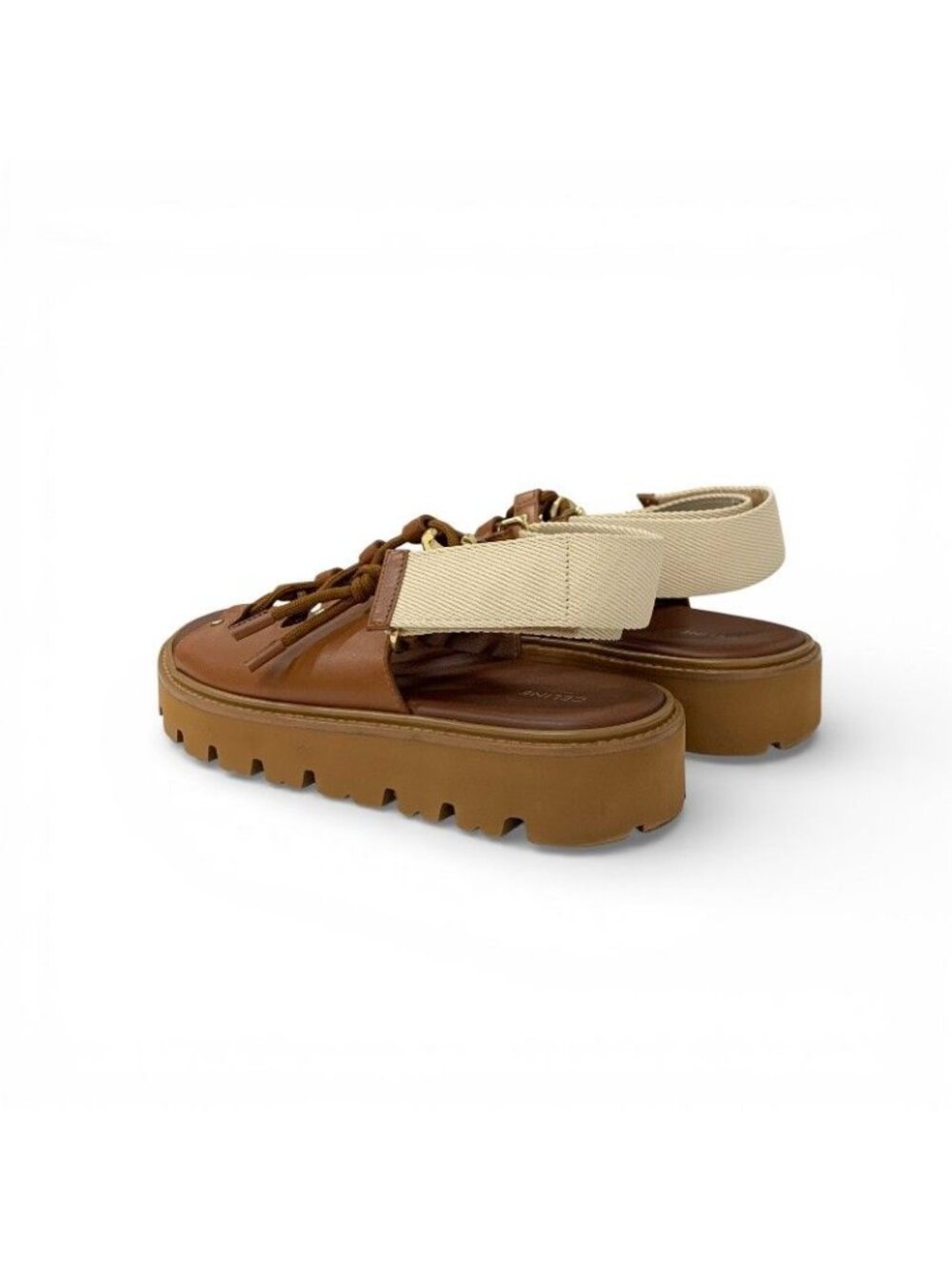 Celine Sandals Shoes Leather Canvas Brown Beige Gold Platform Strap Lace Up - Picture 4 of 9